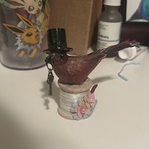 Handcrafted Burgundy Bird Sculpture with Top Hat